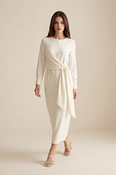 Setre Крем Белден Баглама Детальна довга рукава міді сукня