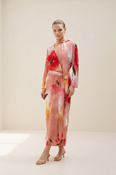 Setre Dark Powder Shawl Detailed Waist-Fitted Double-Breasted Collared Patter...