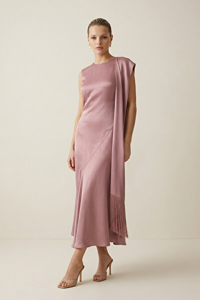 Setre Dusty Rose Sleeveless Dress with Shawl and Tassel Detail on the Shoulde...