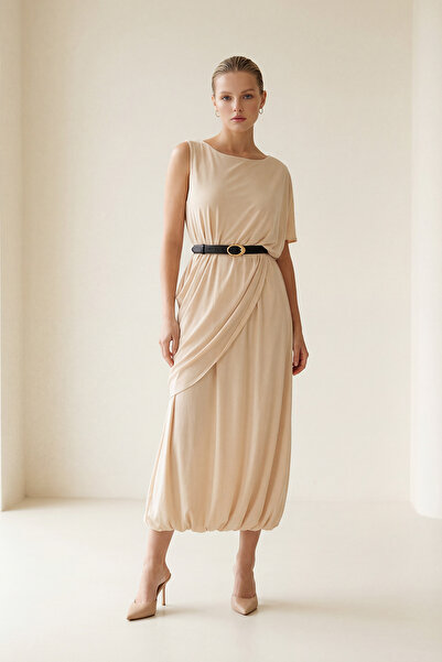 Setre Beige Sleeves and Asymmetrical Fabric Detailed Belted Midi Dress