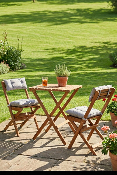 Reyo Ceviz Gri Gürgen Katlanır Minderli 3'lü Bistro Set Balkon Bahçe Masa San...