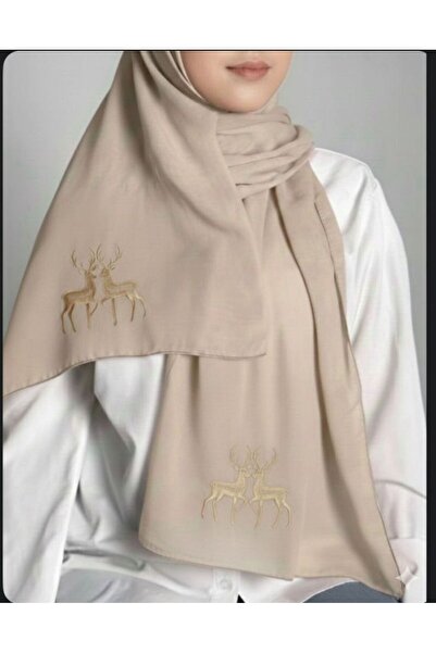 Veil Designer Beige fabric shawl with beige deer embroidery, Japanese fabric,...