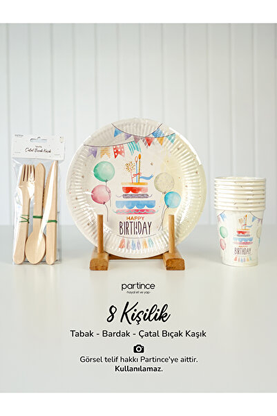 partince 8 Kişilik Pasta Happy Birthday Tema Kullan At Karton Tabak Bardak Ça...