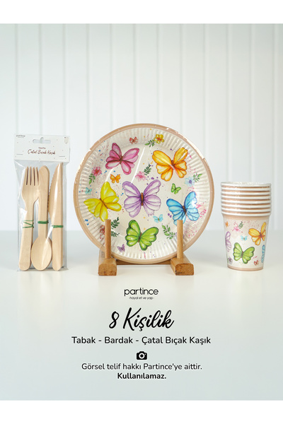 partince 8 Kişilik Pastel Kelebek Çiçek Tema Kullan At Karton Tabak Bardak Ça...