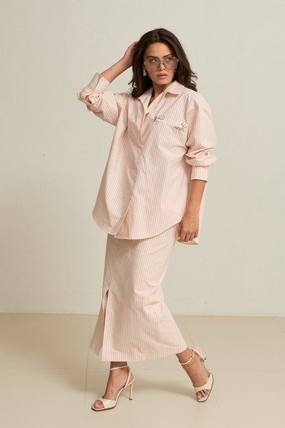 Setre Ekru-Pudra Çizgili Desenli, Taş Detaylı Uzun Kollu Rahat Kesim Gömlek