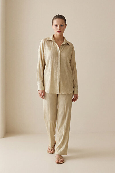 Setre Beige Fabric Detailed Relaxed Fit Long Sleeve Shirt