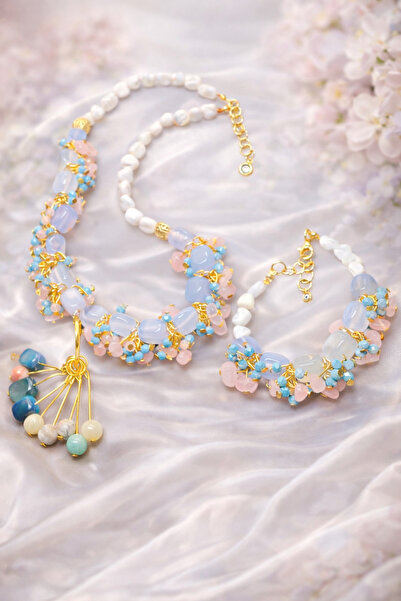 PORSE Day Dream Eşsiz Tasarım Akik Apatit ve Pembe Kuvars Doğal Taşlı Sedefli...