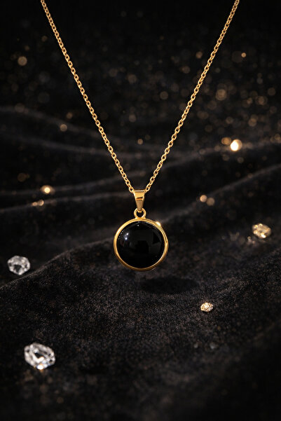 PORSE Obsidyen Taşı Yuvarlak Şekilli Altın Çelik Zincirli Kolye Boğaz Çakrası