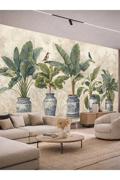 dekoartizan Saksılı Tropikal Bitkiler Duvar Kağıdı. Tekstil Tek Parça Duvar K...