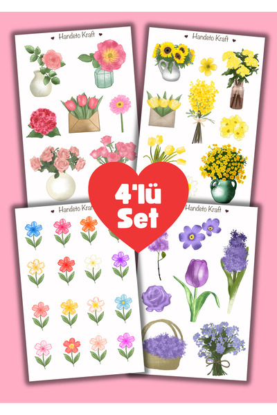 Handeto Kraft Çiçek Sticker 4lü Çoklu Sticker Seti, Çıkartma, Scrapbook, Bull...