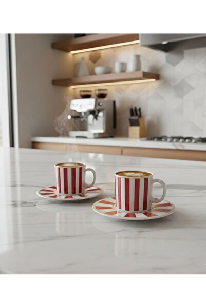 evinbizden ÇİZGİLİ KIRMIZI DESENLİ 2'Lİ PORSELEN FİNCAN TAKIMI- 2 KİŞİLİK SET...