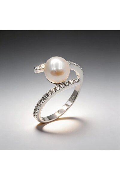 Besen Gümüş Zirkon Taşlı İncili Modern 925 Ayar Gümüş Yüzük