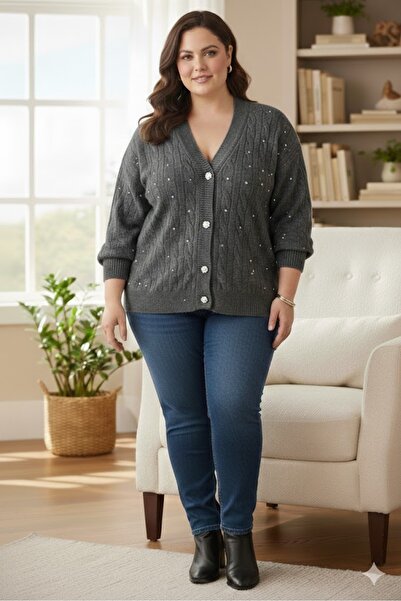 elma abone Plus Size Women's Stone-Embellished Cardigan