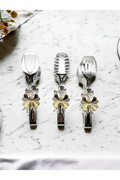 CieS Lüx Gümüş Paslanmaz Çelik Kelebek Aksesuarlı Maşa seti 3 Parça