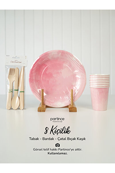 partince 8 Kişilik Makaron Pembe Tema Kullan At Karton Tabak Bardak Çatal Kaş...