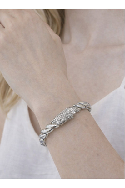 BERUNA Kadın Silver Renk Burgu Zincir Detaylı Zirkon Taşlı Kelepçe Bileklik