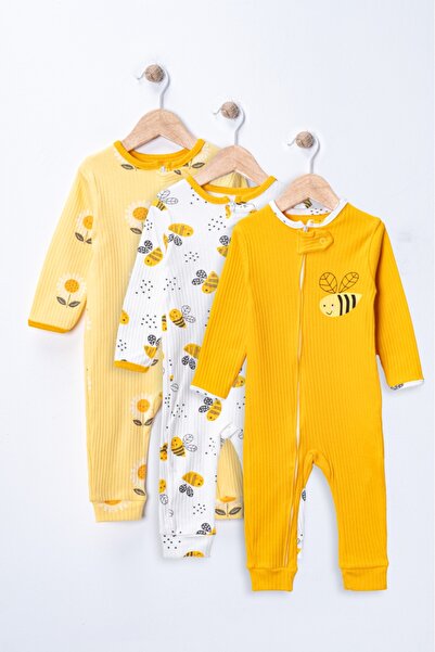 Mıdırık Unisex Kız Bebek %100 Pamuklu 9- 18 Ay Fermuarlı 3'lü Arı Desenli Man...