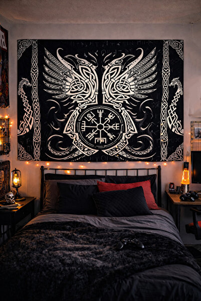 Vendini Viking Valhalla Sembolleri Duvar Örtüsü Duvar Halısı Wall Tapestry
