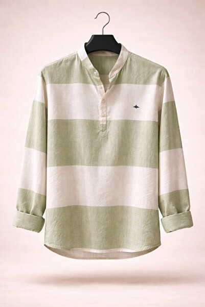 BAROS Orijinal Keten Gömlek Yarım Düğmeli Yatay Desenli