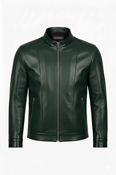 VESİBELLA جاكيت جلد رجالي كاكي داكن 100% جلد طبيعي