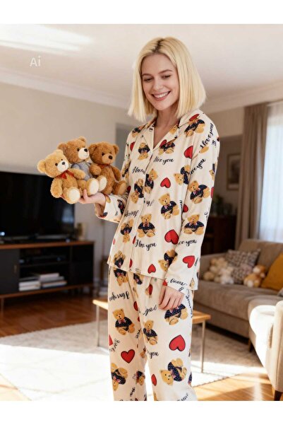 NiCe İç Giyim Крем-колірний темно-синій комплект піжами з сукні з принтом вед...