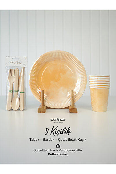 partince 8 Kişilik Makaron Somon Renkli Kullan At Karton Tabak Bardak Çatal K...