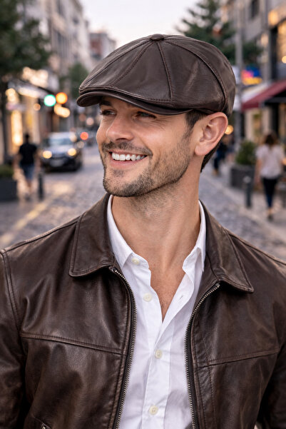 PaminBags Aksesuar Hakiki Deri Parçalı Kasket Şapka