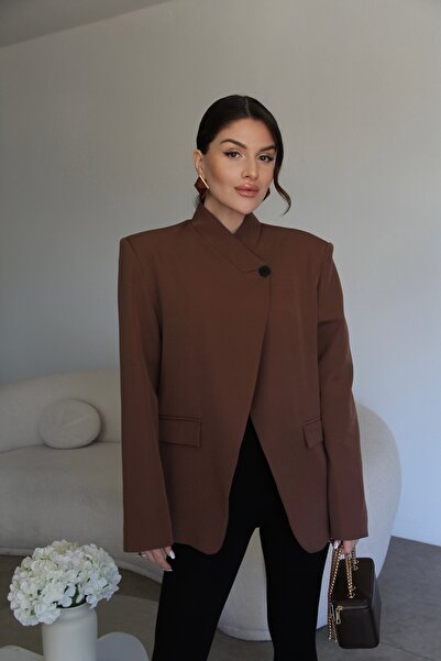 Julidress Jachetă blazer maro cu un singur nasture, cu guler ascuțit și desig...