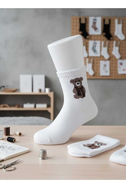 KAIYA Teddy Bear Patterned White Unisex Socks