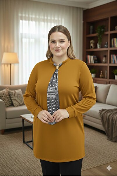 elma abone Plus Size Women's Oy Şo Combed Cotton Tunic Blouse with Tie