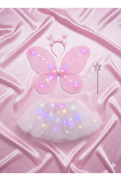 cugy parti malzemeleri LED Işıklı Kelebekli Çocuk Kostümü - 4 Parça PEMBE