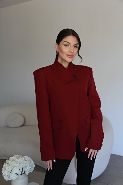 Julidress Burgundy Single Button Detailed Notched Collar Premium Design Blaze...