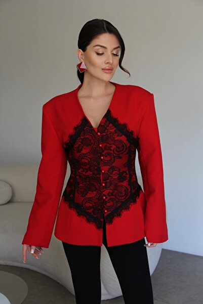Julidress Red Lace Detailed V-Neck Design Premium Blazer Jacket