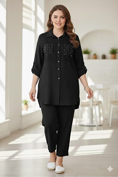 elma abone Plus Size Women's Linen Tunic Shirt and Pants Set