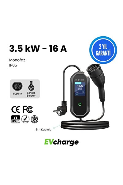 Evcharge Elektrikli Araç Taşınabilir Şarj Cihazı 3.5 Kw Tak- Çalıştır 16a 220...
