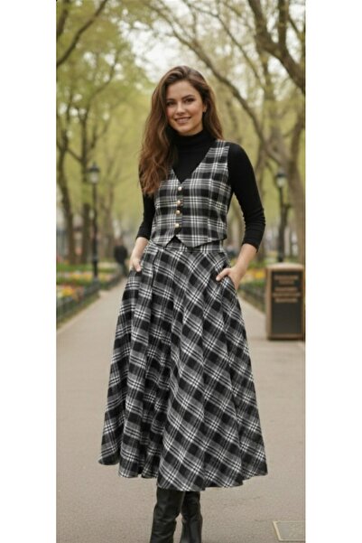 Dagü Design Women's Plaid Patterned Skirt Vest Double Set