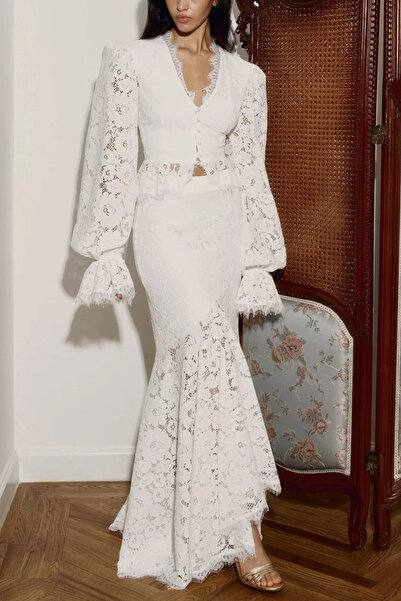 Julidress White V-Neck Lined Pearl Button Blouse and Maxi Skirt Premium Desig...