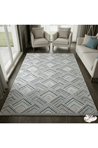 Konak Halı Modern Salon Halısı 3D Geometrik Desenli Gri Emboss Saçaklı Kaymaz...