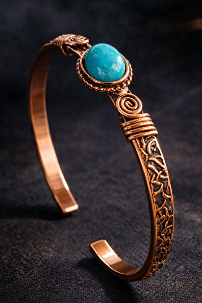 İyyaKee Kadın Bakır Bileklik Firuze Taşlı Kelepçe Bilezik