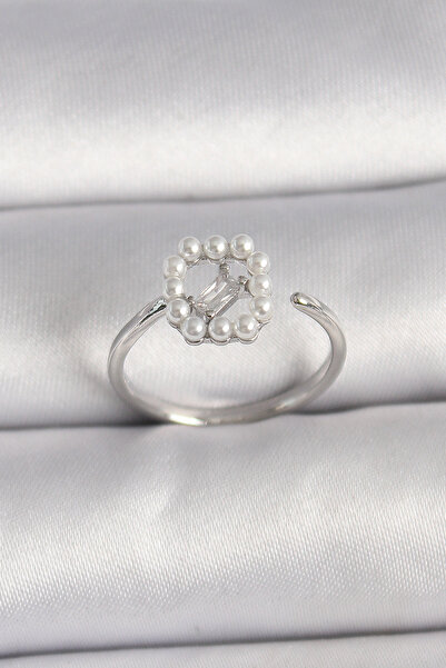 Skygo Brass Silver Color Zircon Stone Detailed Adjustable Ring with Pearl - T...