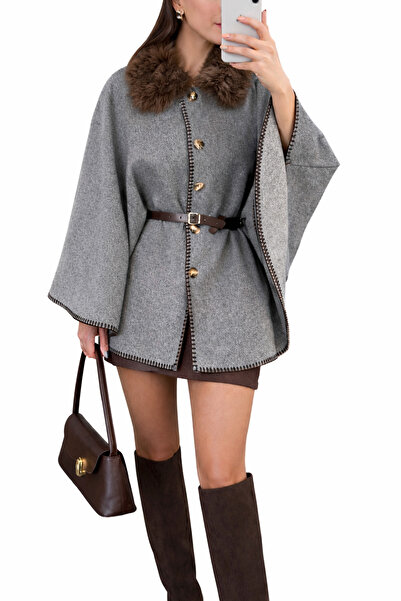 Mzr Collection Gray Poncho with Belt Detail – Fur Collar, Buttoned, Stylish