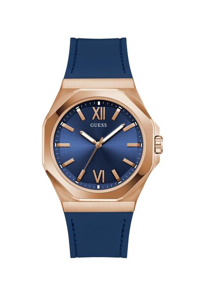 Guess Mens Blue Rose Gold Tone Analog Watch
