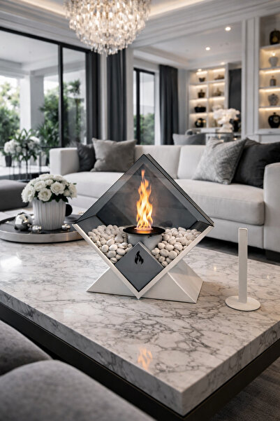 Home MASA ÜSTÜ BEYAZ ŞÖMİNE FÜME CAMLI