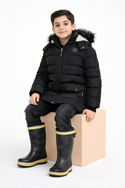 REGOS معطف وسترة أطفال بغطاء للرأس قابلة للإزالة باللون الأسود مع فرو داخلي م...