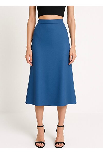 Kahra Collection Mavi Midi Boy Pamuk Karışımlı Mat Saten Etek