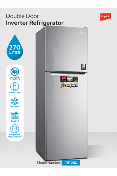 İMPEX ثلاجة نو فروست إنفرتر سعة 270 لتر، لون فضي داكن، أرفف زجاجية، تبريد سري...