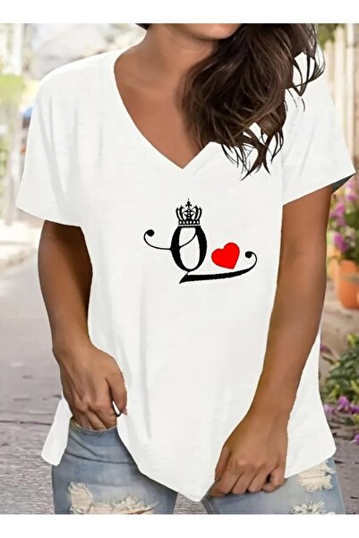 mercoledi Tricou alb cu decolteu în V imprimat casual oversize damă