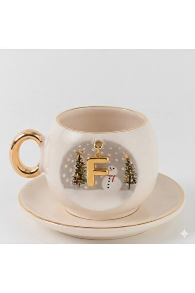 BSK Ceramics Handmade Harfli Kış Porselen Kahve Fincanı F Harfi