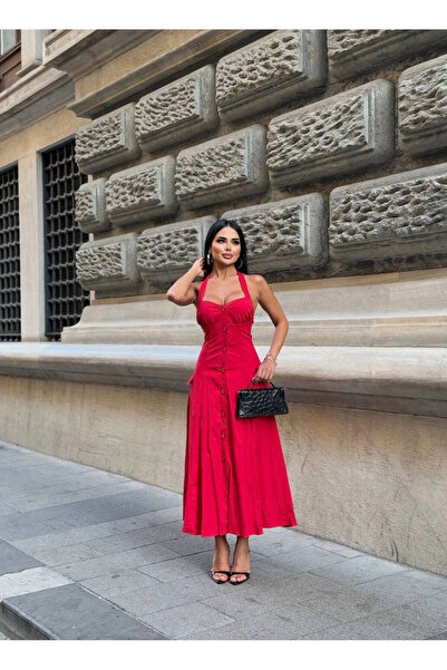 VİSKALİ Düğmeli Halter Yaka Kadın Maxi Elbise