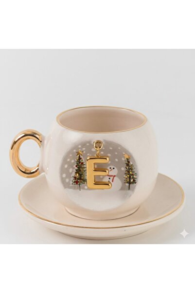 BSK Ceramics Handmade Harfli Kış Porselen Kahve Fincanı E Harfi